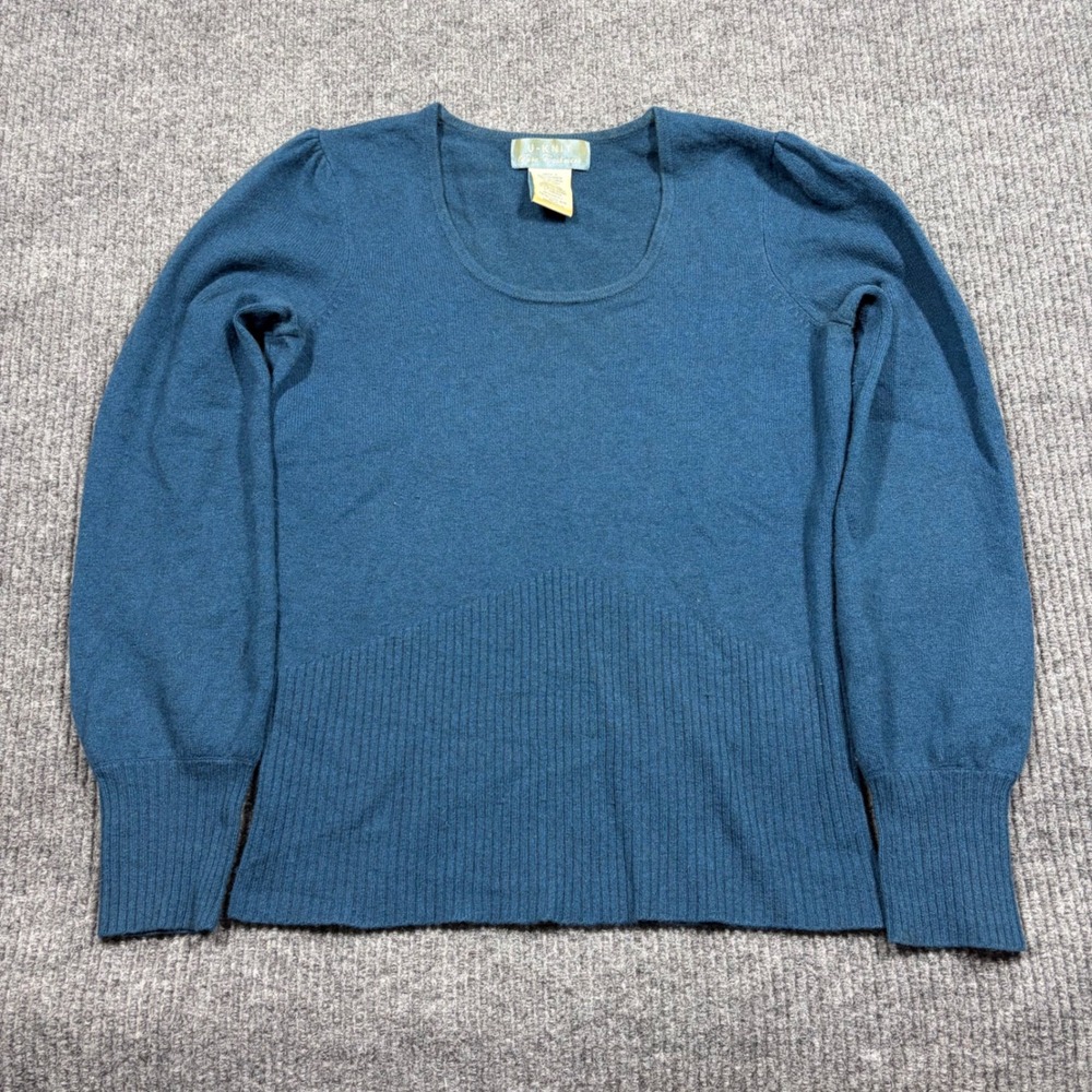 Vintage U-Knit Sweater Womens S Steel Blue Scoop Neck Ribbed Trim Cashmere